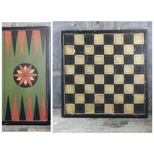 Antique Folk Art Double Sided Gameboard with a raised edge/border, hand painted